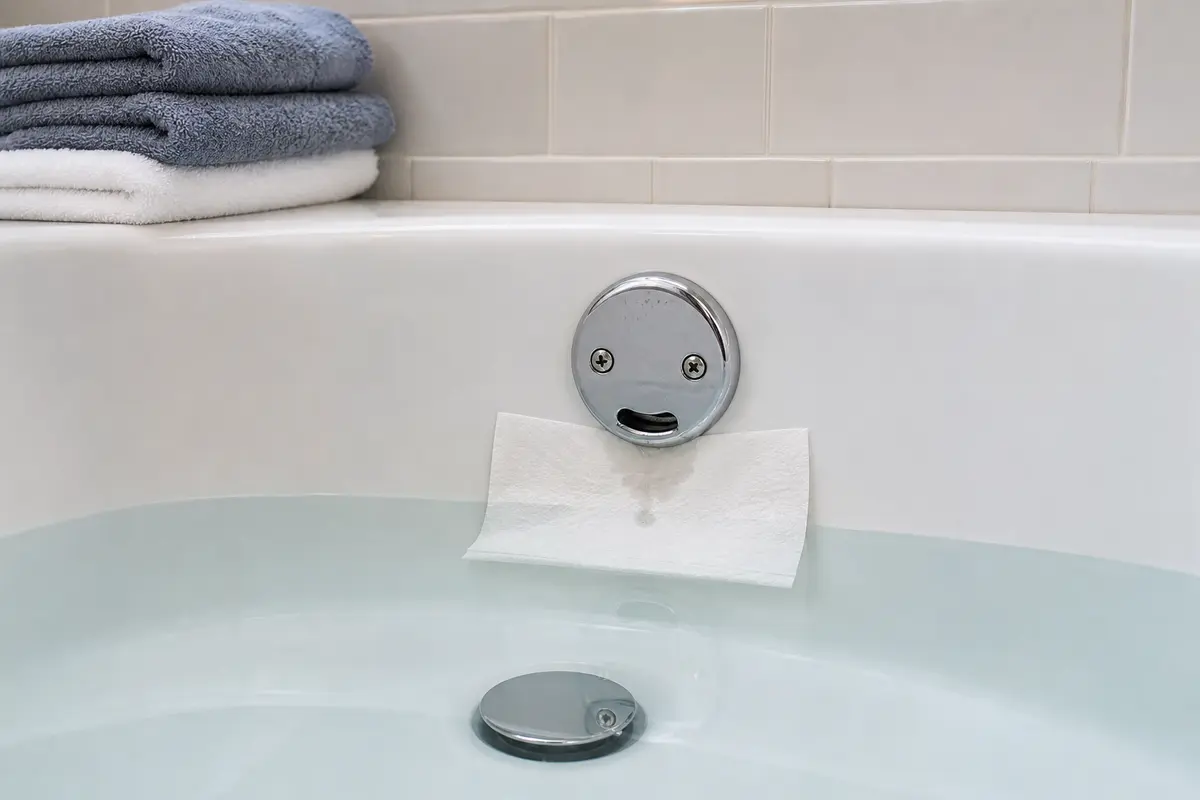 Bathtub overflow gasket leak test with water at the overflow plate