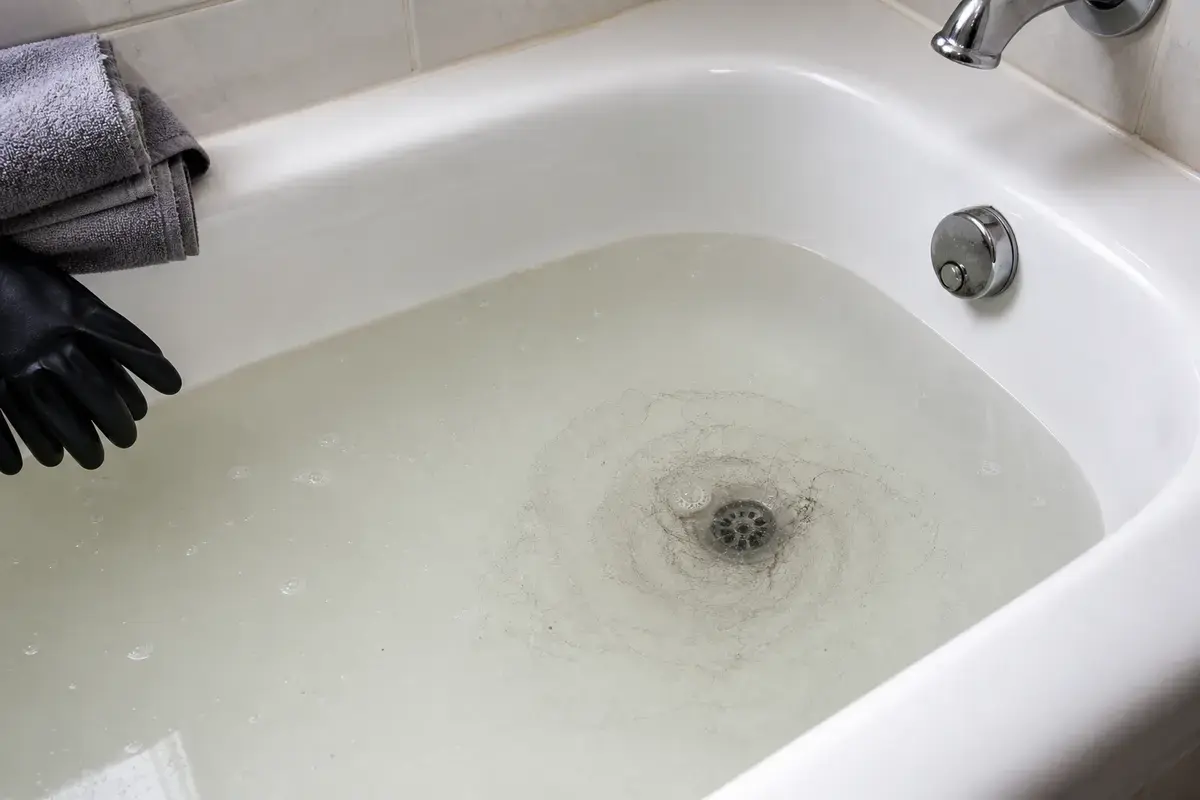 Shallow bath water slowly swirling around a bathtub drain after use
