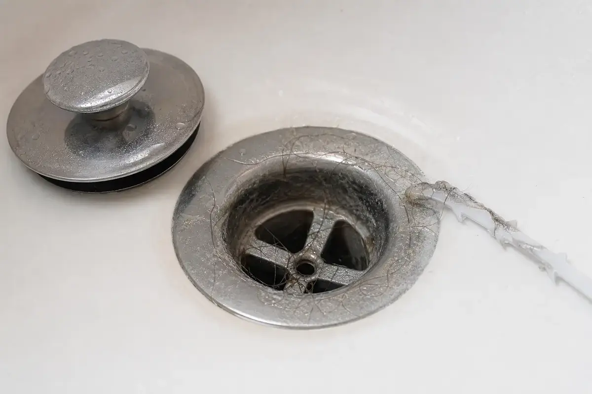 Bathtub drain closeup with hair and soap film around the stopper opening