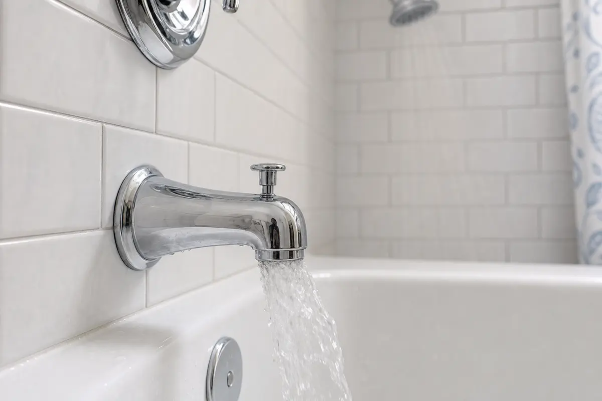 Bathtub spout diverter pulled up while water still runs from the spout