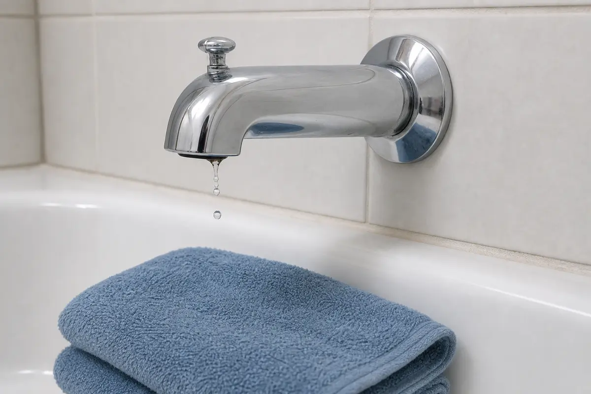 Bathtub spout dripping from the outlet with towel below