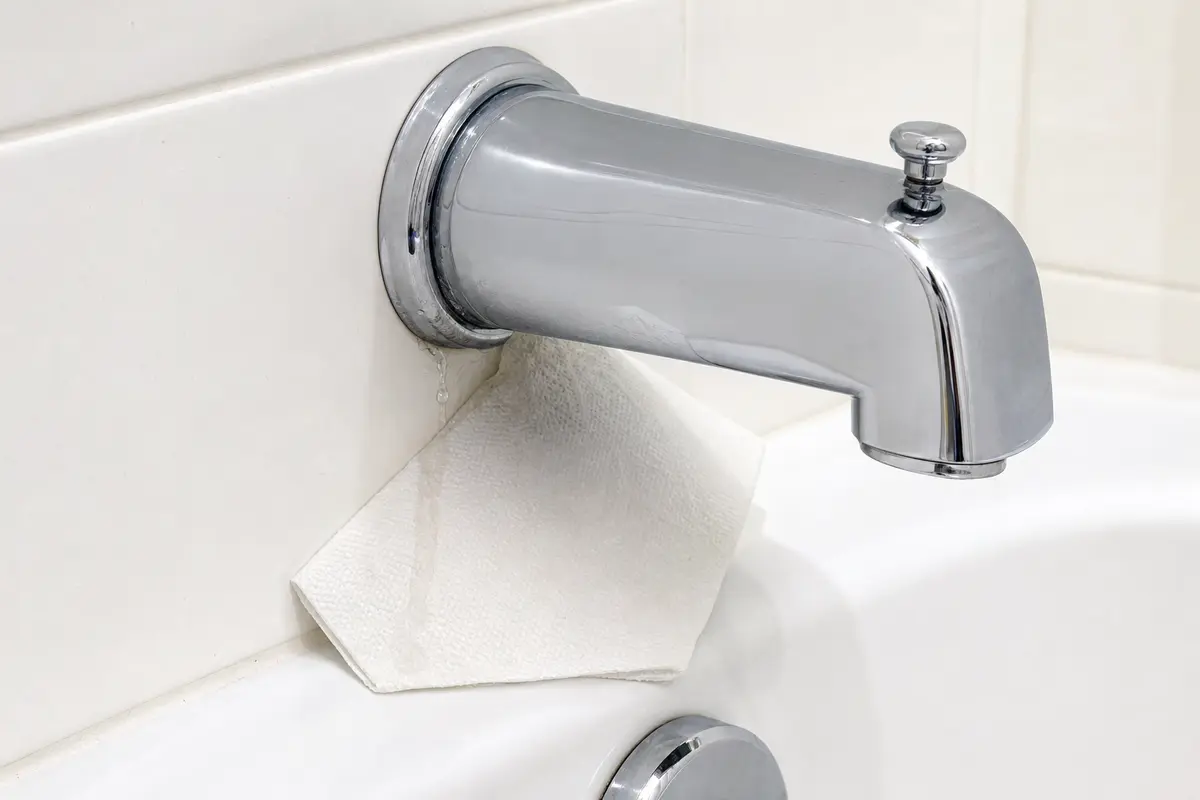 Bathtub spout leaking at the wall connection with tissue below