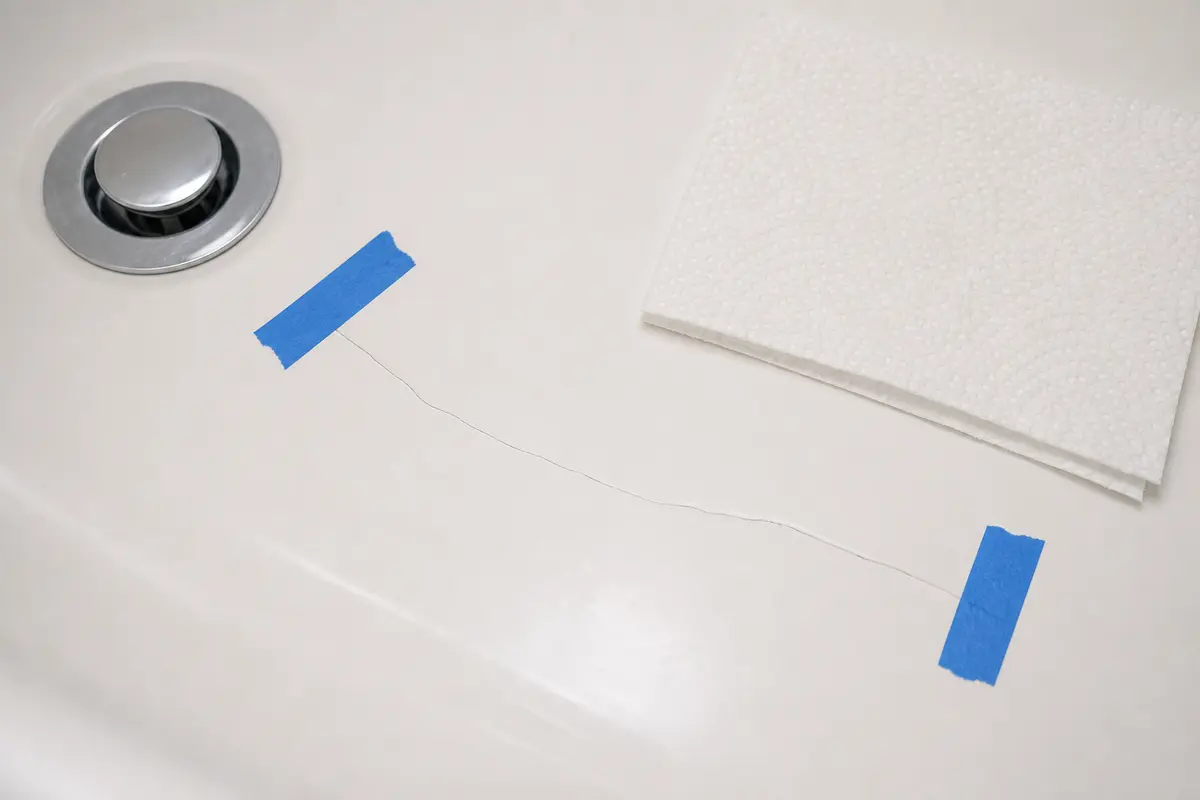 Bathtub hairline surface crack marked with painter tape