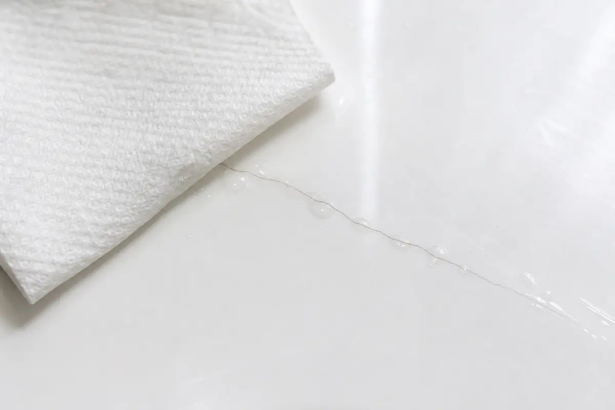 Bathtub surface crack moisture check with tissue beside crack
