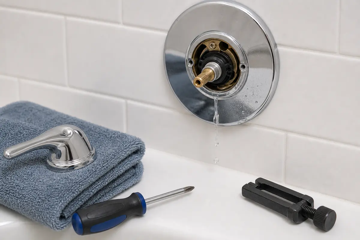 Bathtub valve cartridge area exposed for water not shutting off diagnosis