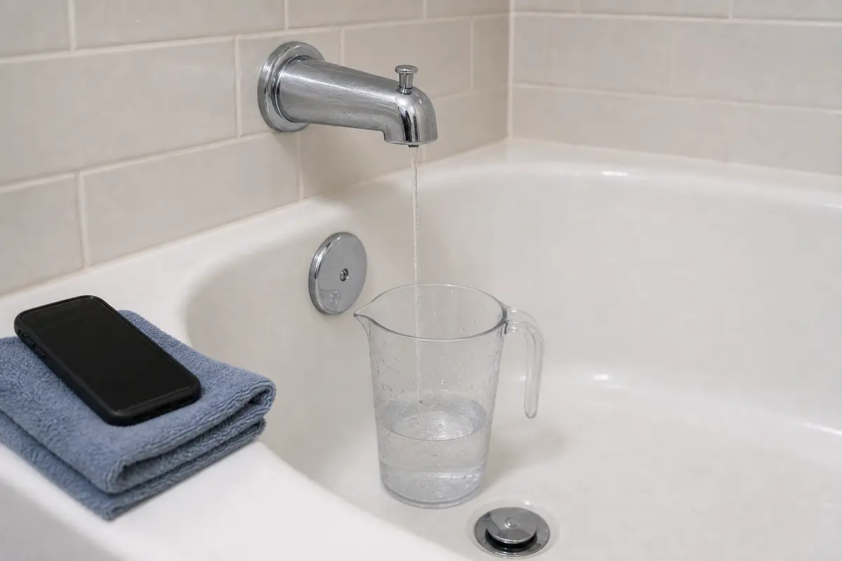 Low bathtub pressure timed fill test at tub spout