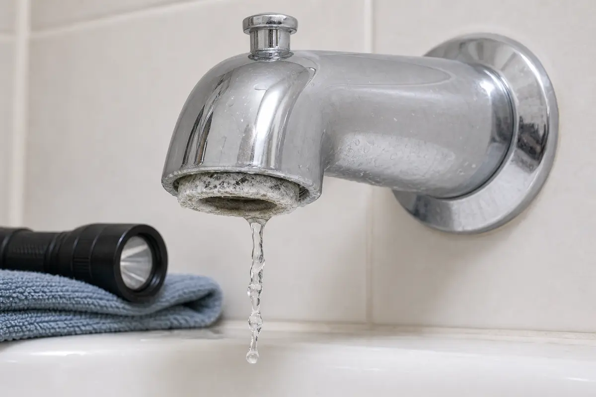 Mineral buildup restricting bathtub spout outlet flow