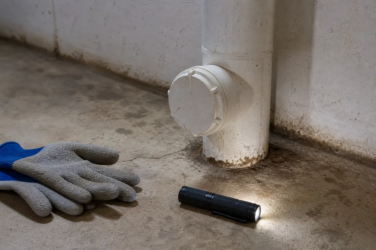 Closed drain cleanout cap inspection after storm-related drain gurgling
