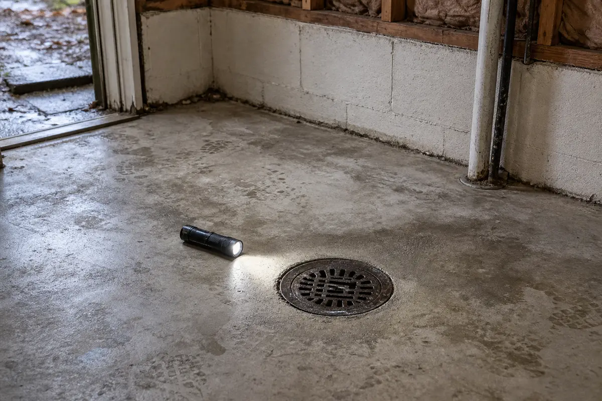 Low basement drain inspection after a storm for gurgling drain warning signs