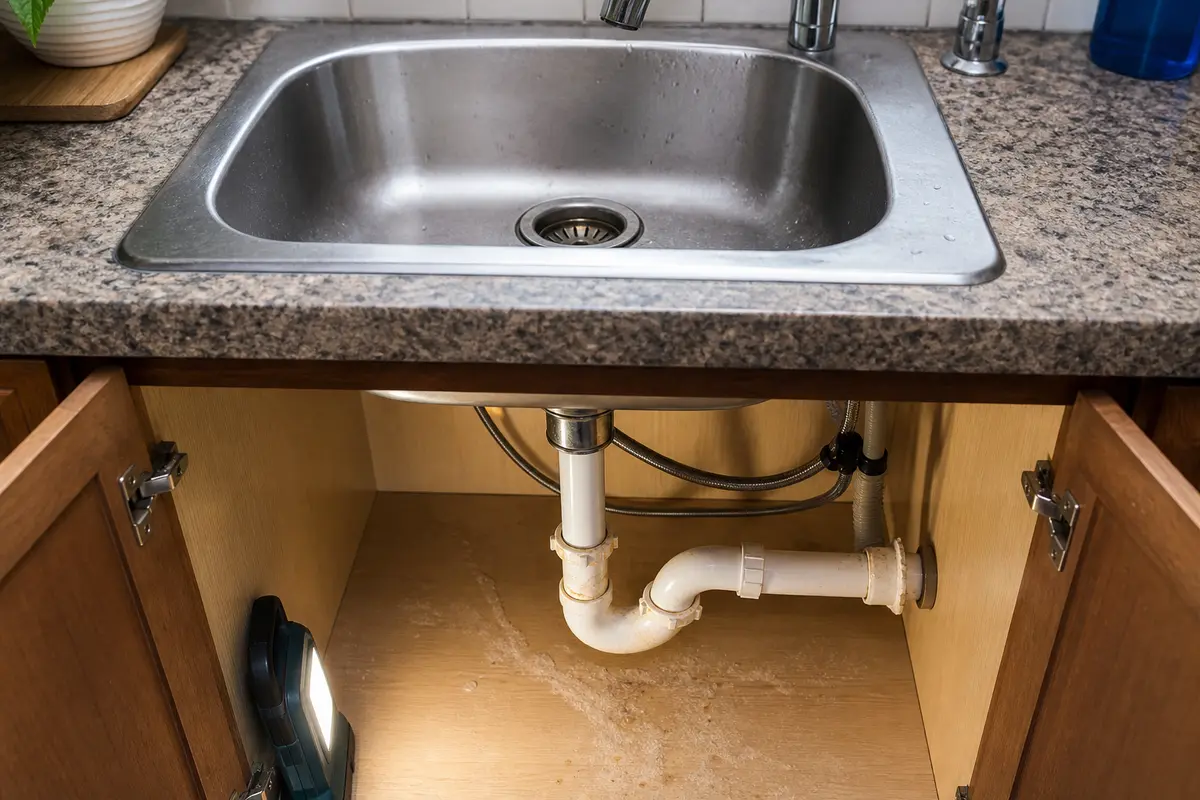 Kitchen sink drain opening and open under-sink cabinet checked for sewer smell source