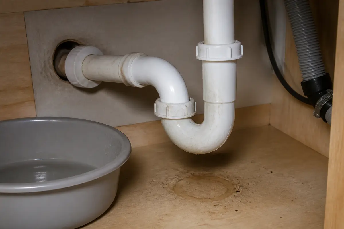 Fresh damp ring under kitchen sink P-trap after a full-basin drain test
