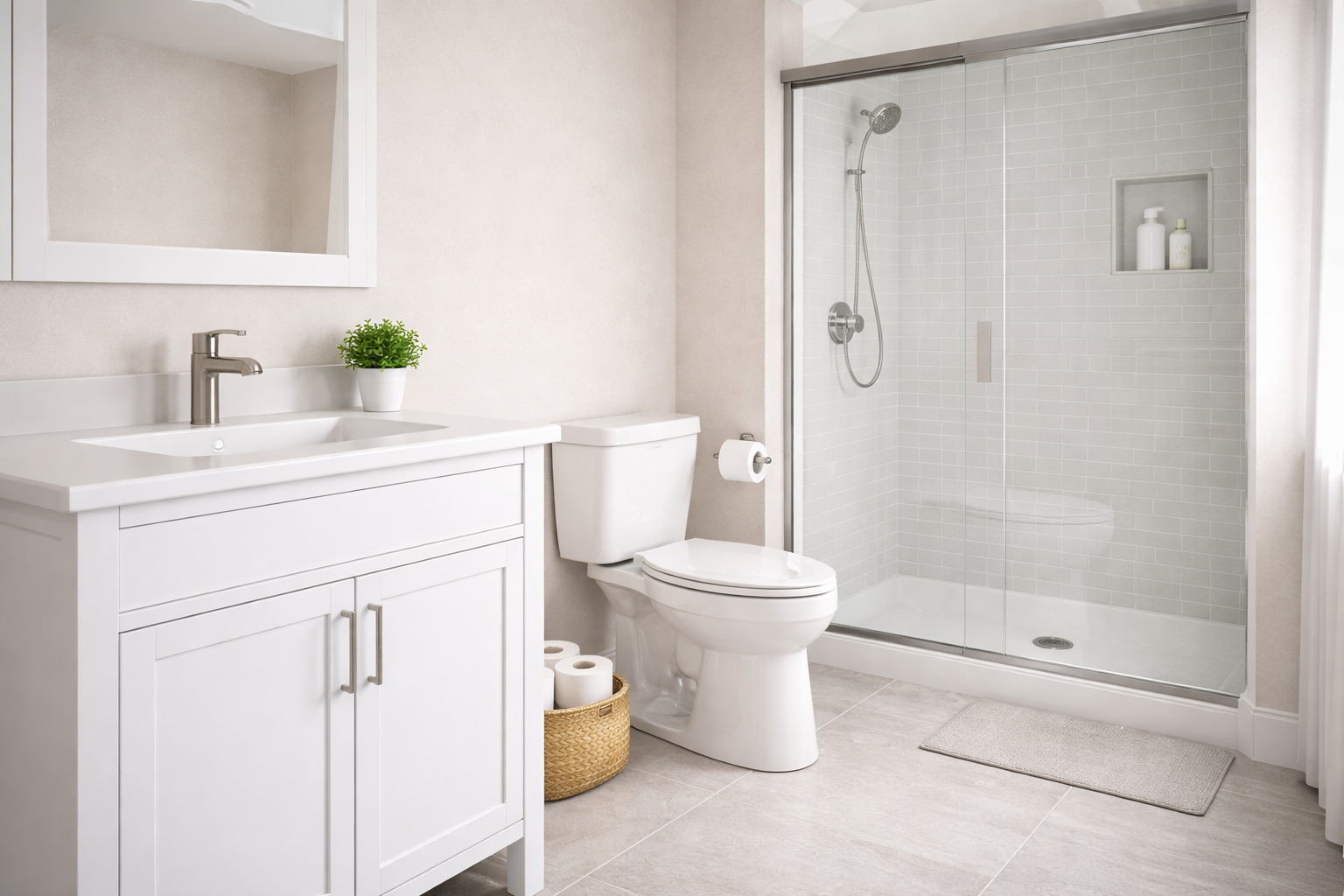 Bright residential plumbing scene with bathroom and sink fixtures