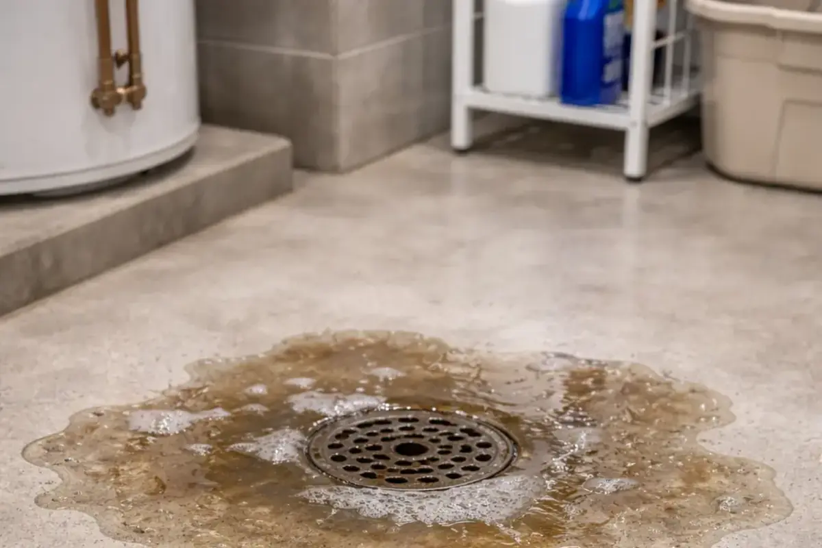 Utility room floor drain with dirty wastewater showing a sewer drain backup warning point
