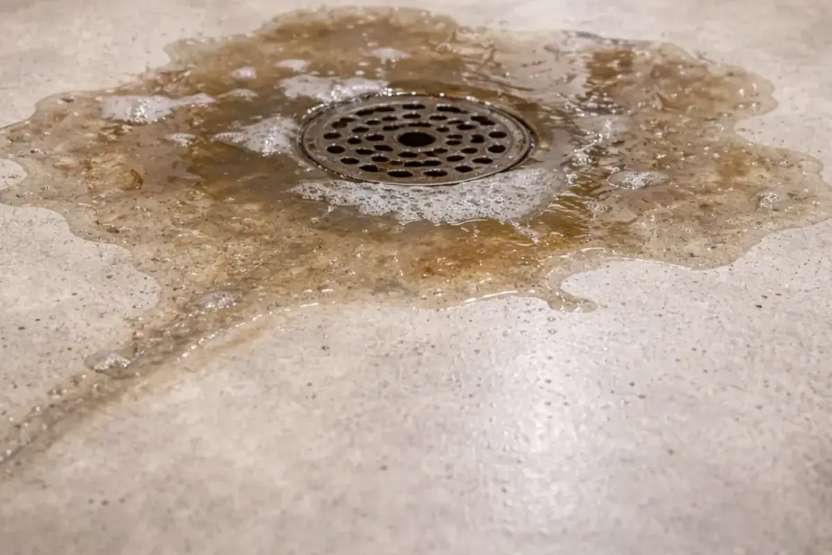 Dirty overflow path spreading away from a floor drain during sewer drain backup