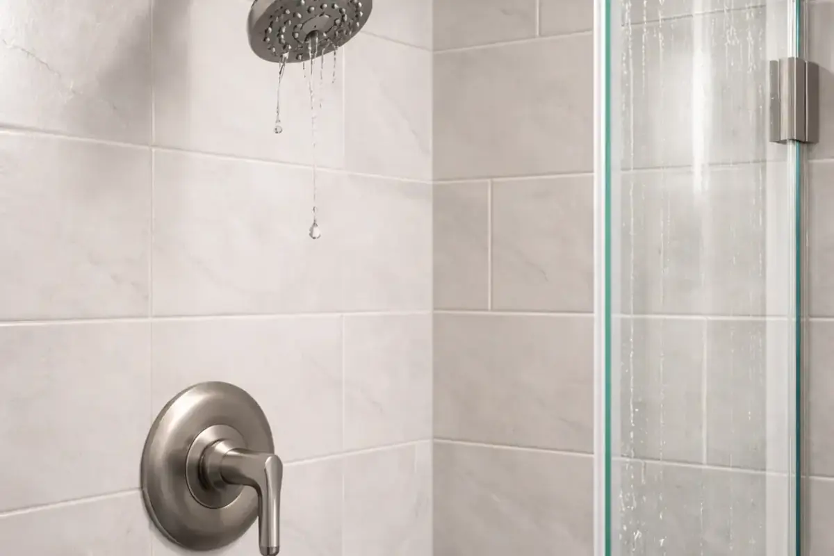 Leaking shower with shower head, valve trim, corner joints, and glass door visible for first wet spot tracing