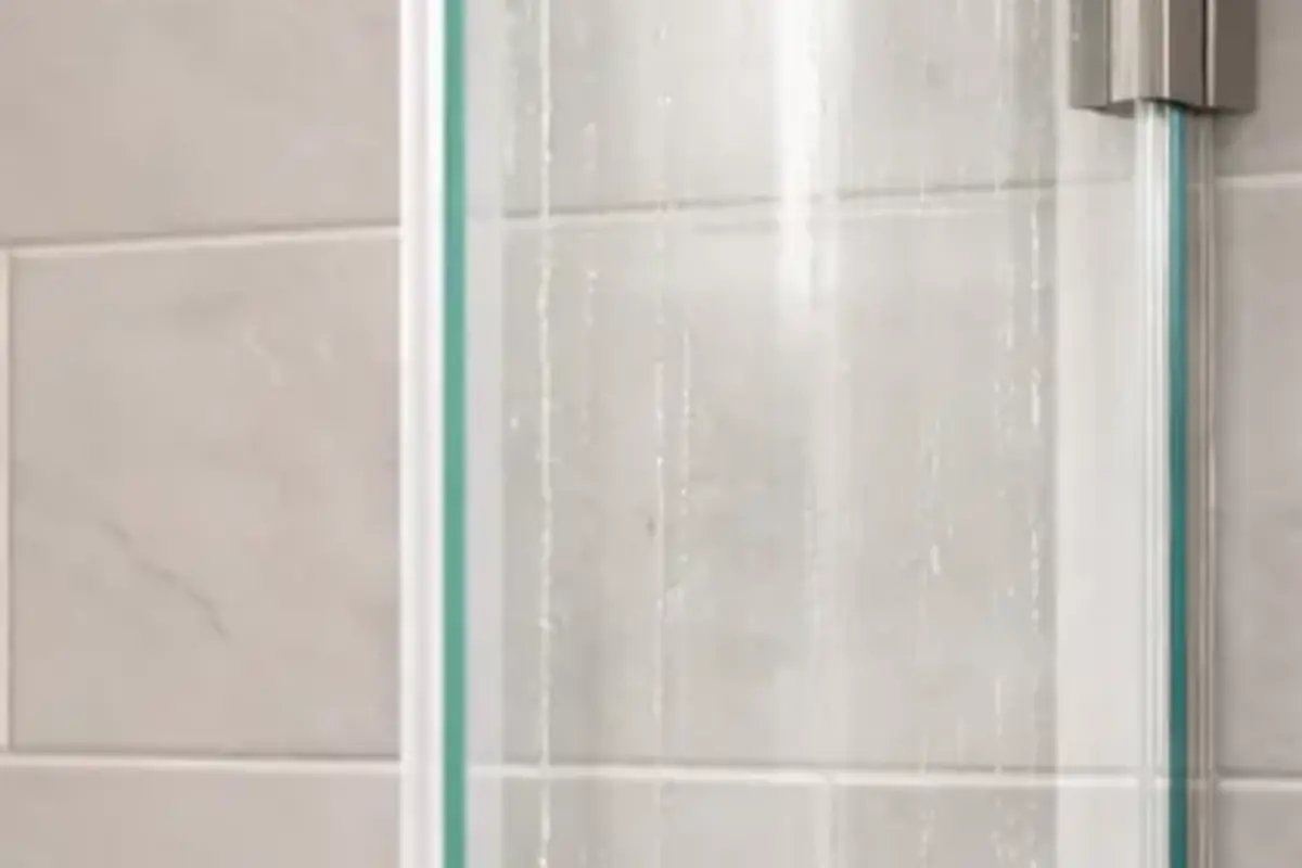 Water tracks on a glass shower door showing a possible enclosure splash path during a shower leak check