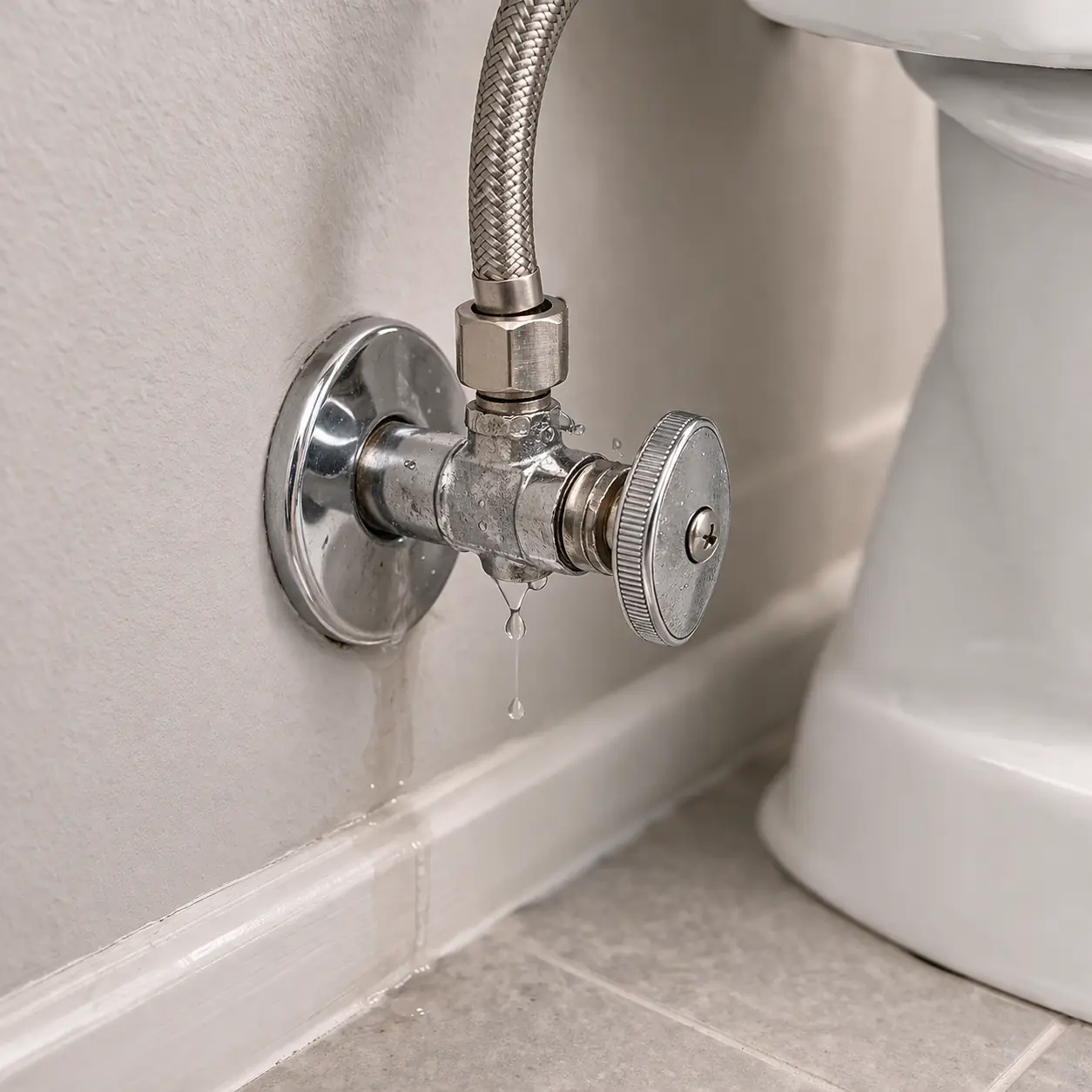 Leaking toilet shutoff valve with water dripping from the valve body area