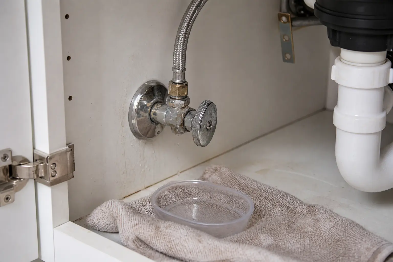 Leaking shutoff valve under a sink with towel and container ready for diagnosis