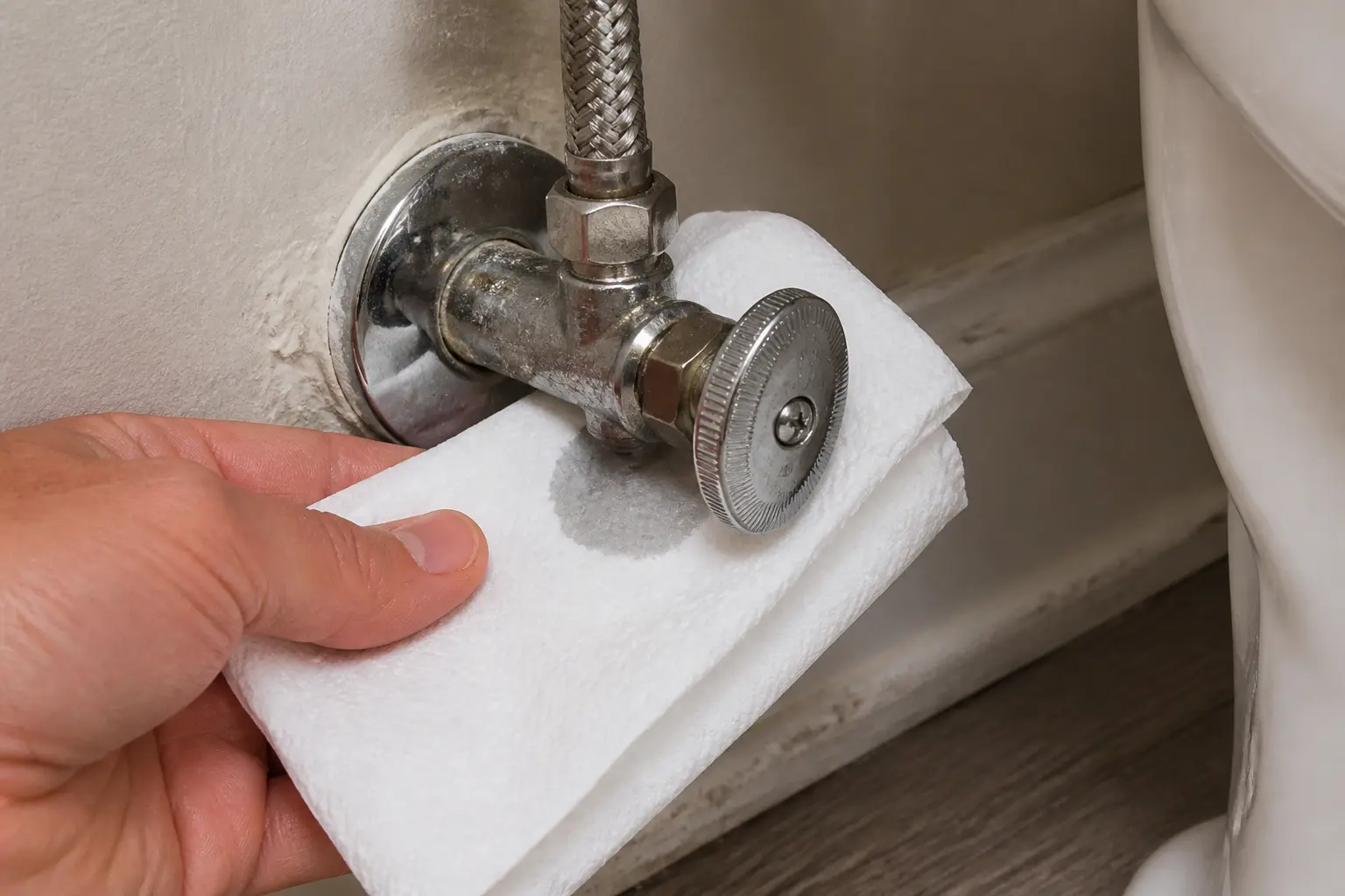 Paper towel checking the first wet point on a leaking shutoff valve outlet connection