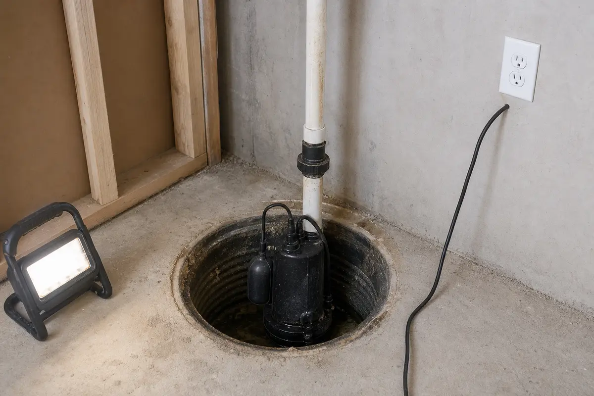 Sump pump pit with dry outlet, float, and discharge pipe visible for first checks