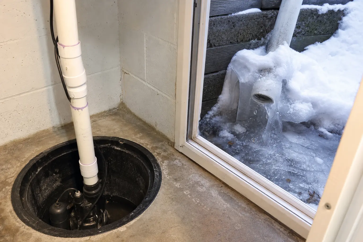 Sump pump pit and winter discharge outlet checked for an ice blockage