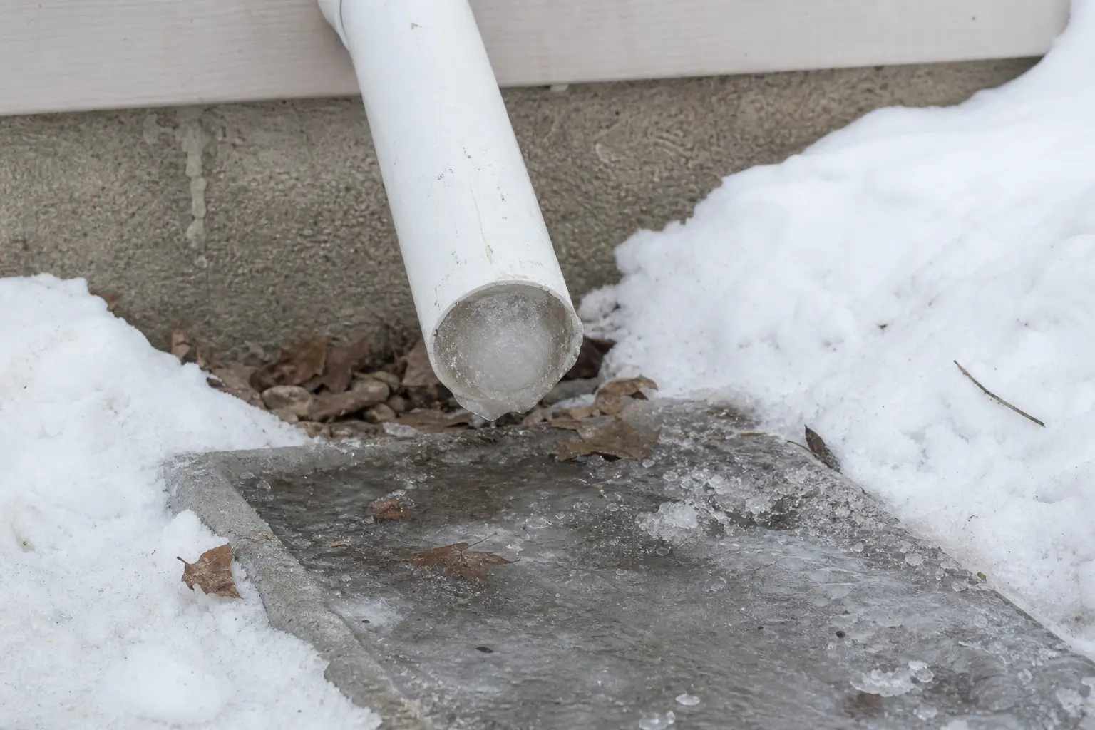 Frozen sump pump discharge outlet with ice blocking the pipe end in winter