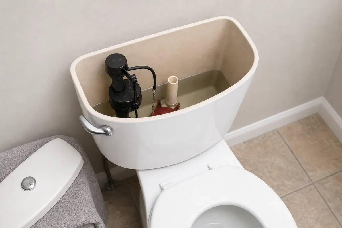 Open toilet tank with water level below the overflow tube during weak flush diagnosis