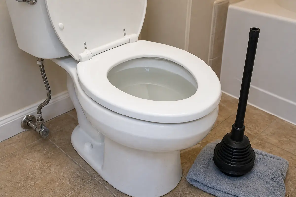 High toilet bowl water with a flange plunger ready for a clog check