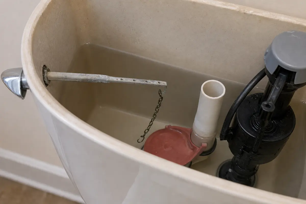 Disconnected toilet flapper chain inside the tank during a no-flush check