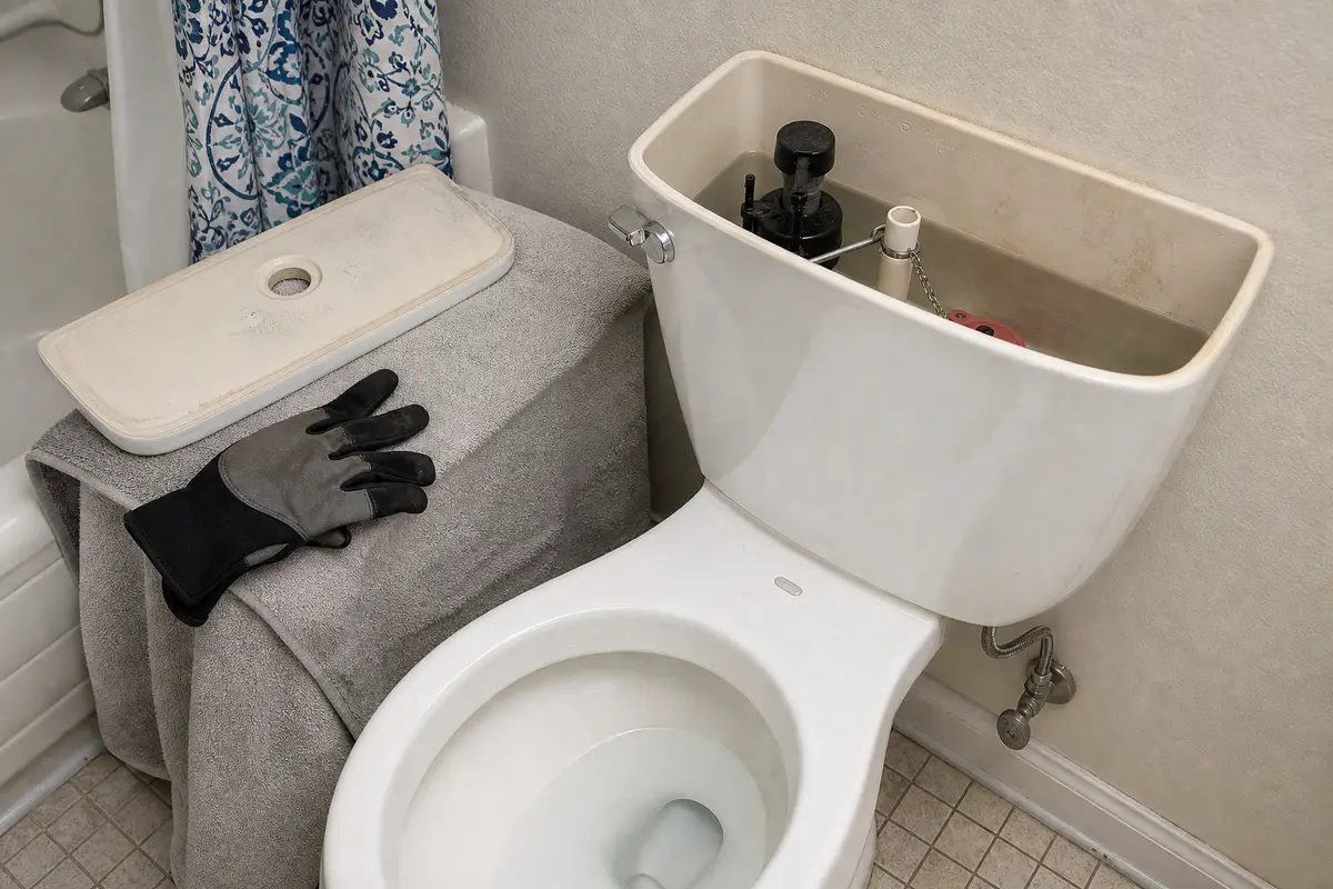 Toilet tank lid removed while checking why a toilet will not flush