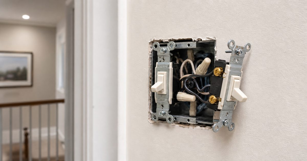 Two 3-way light switches pulled forward from a wall box with wires visible