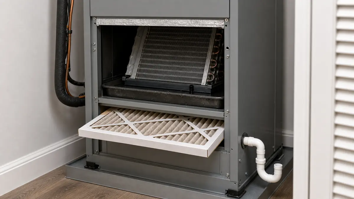 Residential air handler drain pan and condensate line inspection area