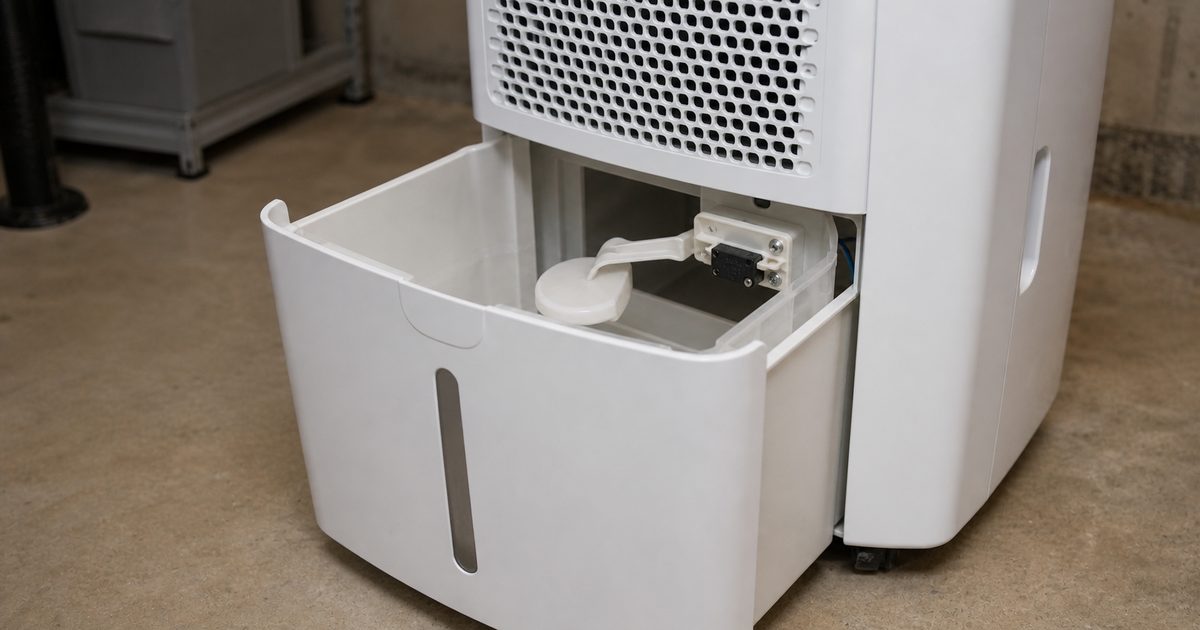 Portable dehumidifier with the bucket pulled out and float area visible