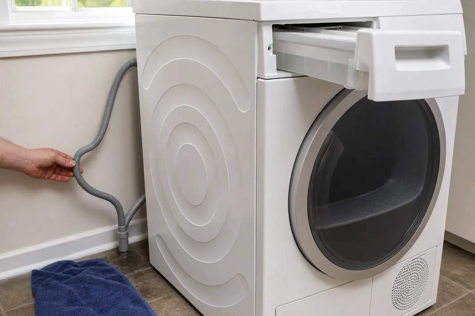 Bosch style heat pump dryer water tank and drain hose checked for seating and kinks