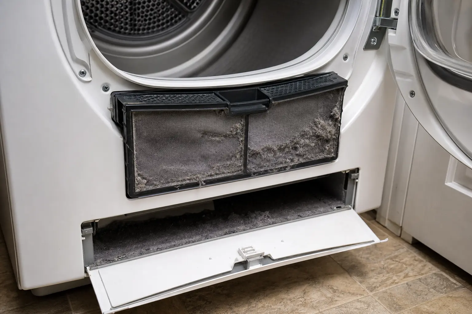 Bosch style heat pump dryer lint filter and lower condenser access packed with lint