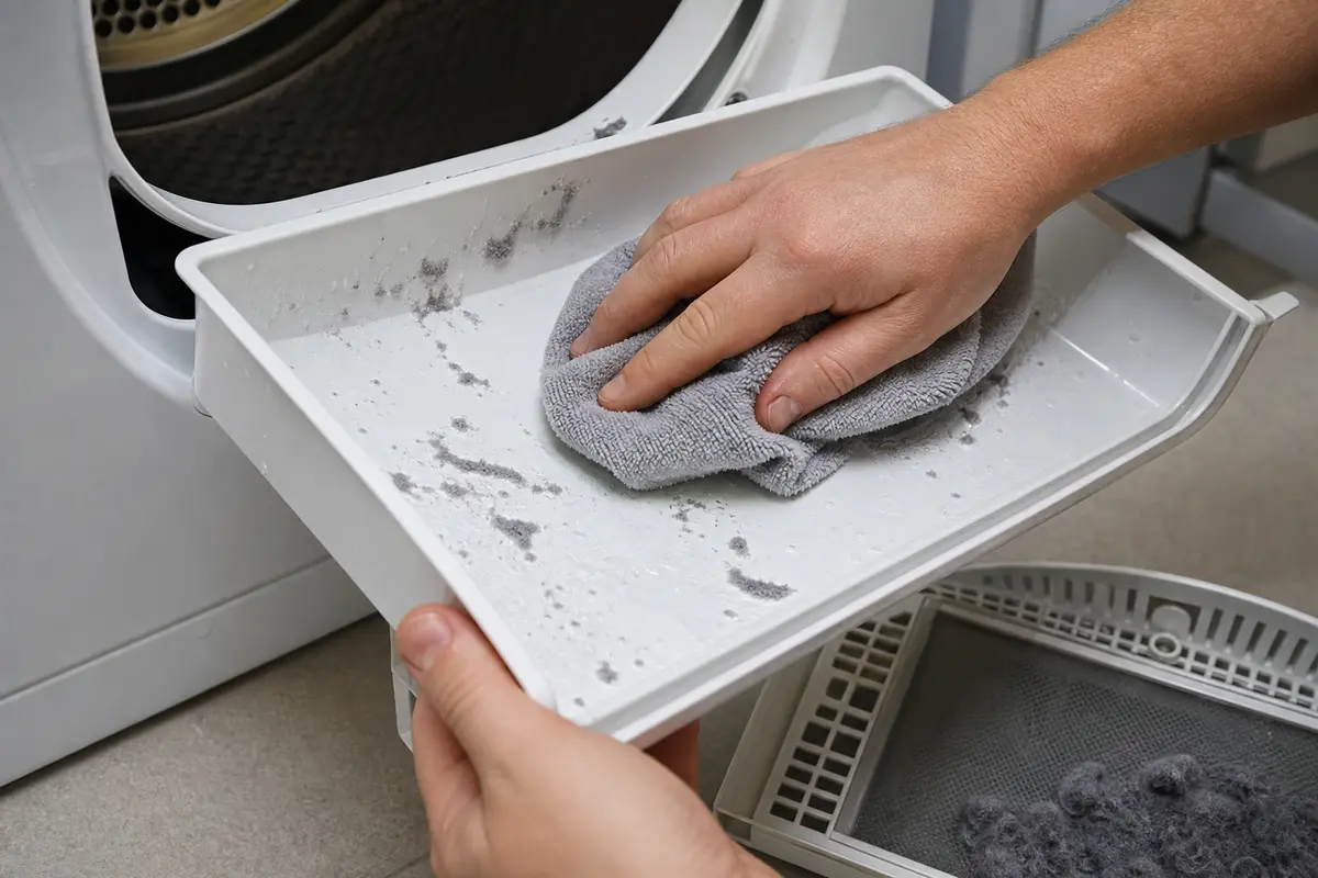 Soft cloth wiping accessible Bosch heat pump dryer filter area
