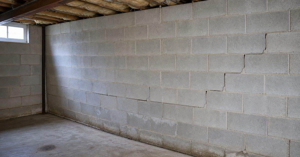 Concrete block basement wall with inward bowing and stair-step cracks