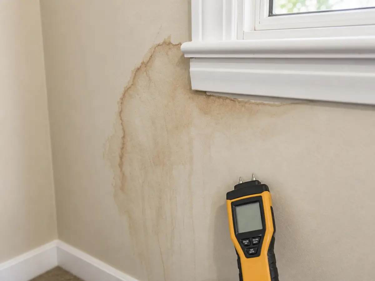 Brown water stain on wall below window trim with moisture meter nearby