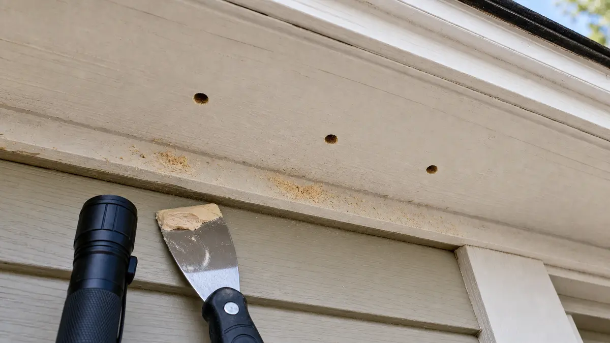 Painted wood soffit board with small round carpenter bee holes