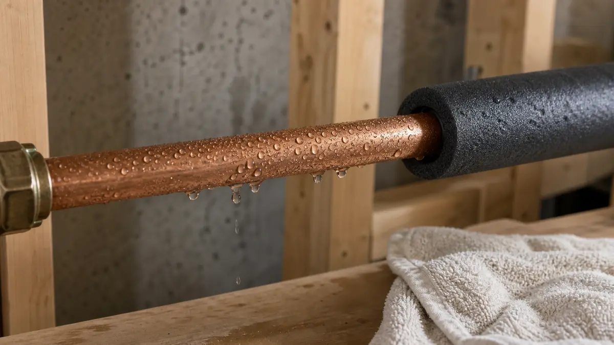 Cold water pipe with condensation beads in a basement utility area