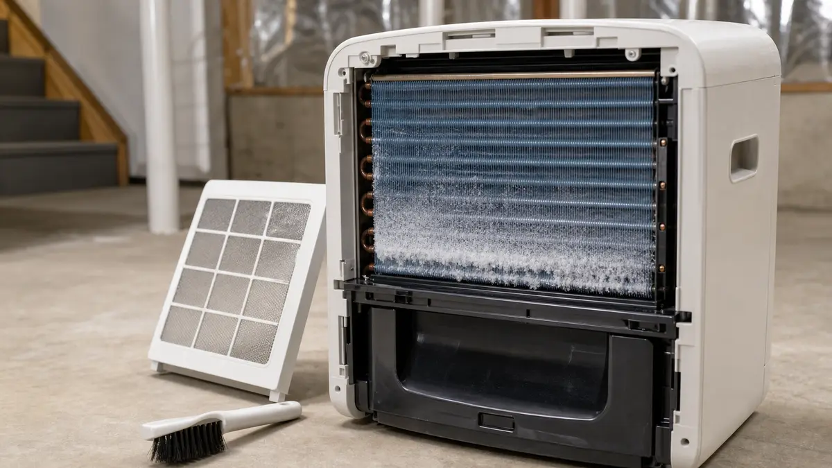 Portable dehumidifier with grille removed and light frost on the coils