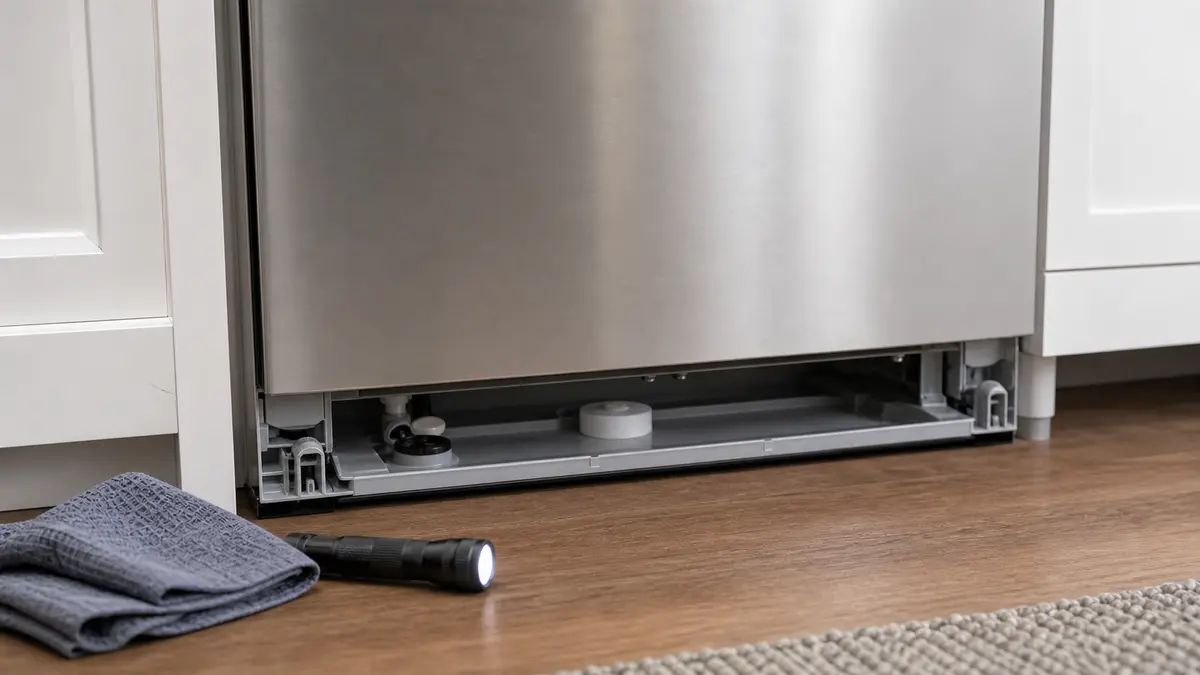 Dishwasher lower base opened for float and leak tray inspection