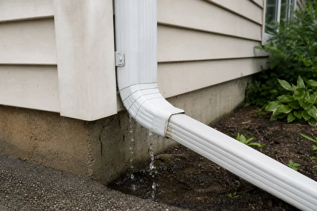 Residential downspout elbow leaking at the lower joint during a water test