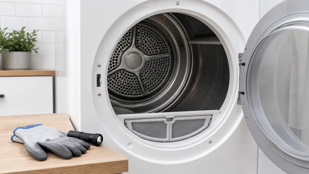 Open dryer drum and lint screen area for dryer airflow and safety inspection context
