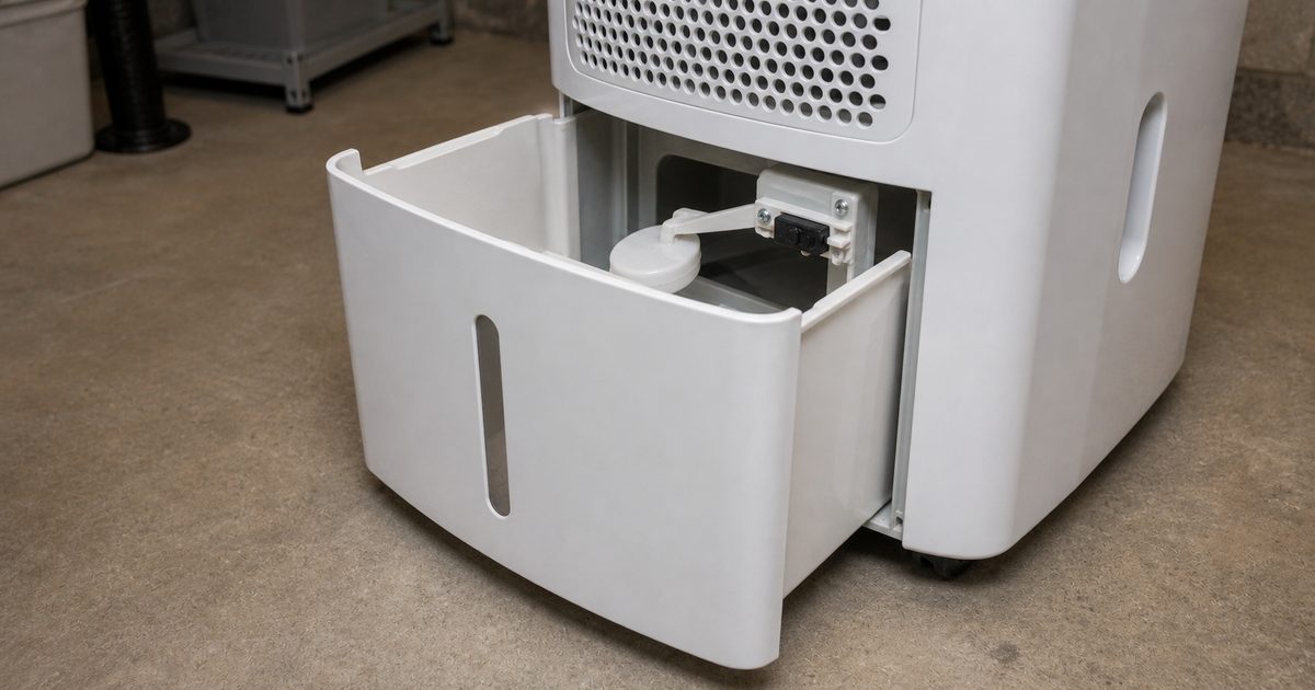 Portable dehumidifier bucket pulled out with float and switch area visible