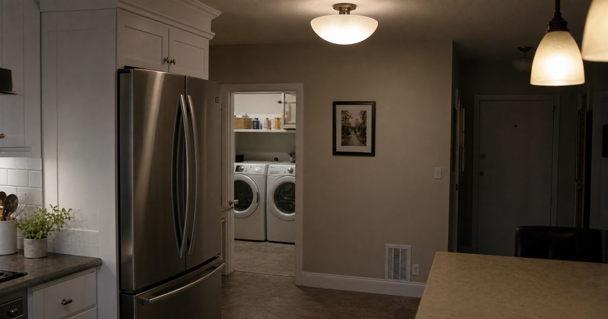 Kitchen and laundry area with large appliances and overhead lights dimmed