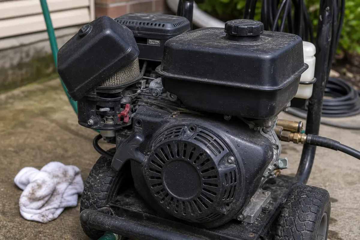 Pressure washer engine with air filter cover open near fuel tank and choke area