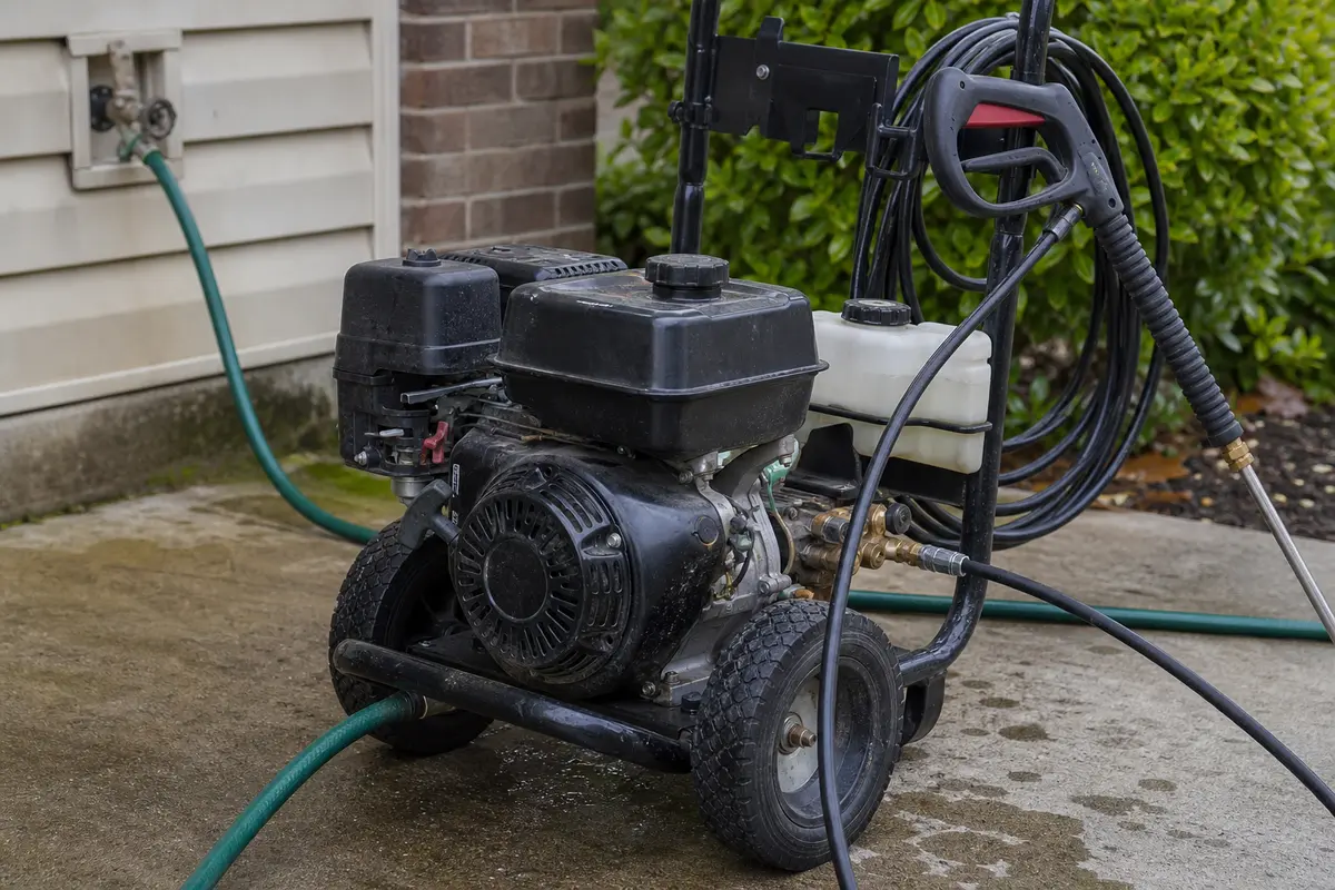 Pressure washer engine and pump area with hose and spray wand nearby