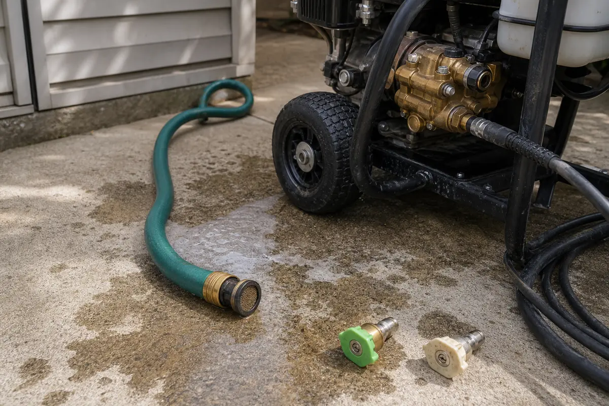 Pressure washer pump inlet hose screen and nozzle tips being checked on concrete