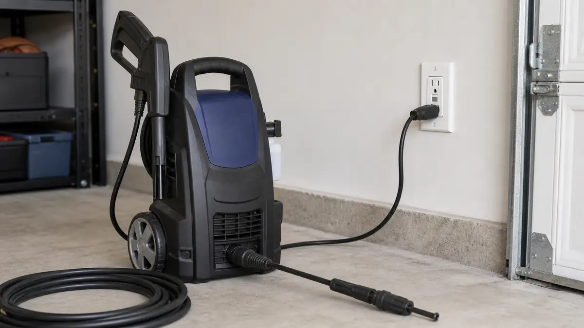 Electric pressure washer connected near a GFCI outlet for breaker-trip troubleshooting